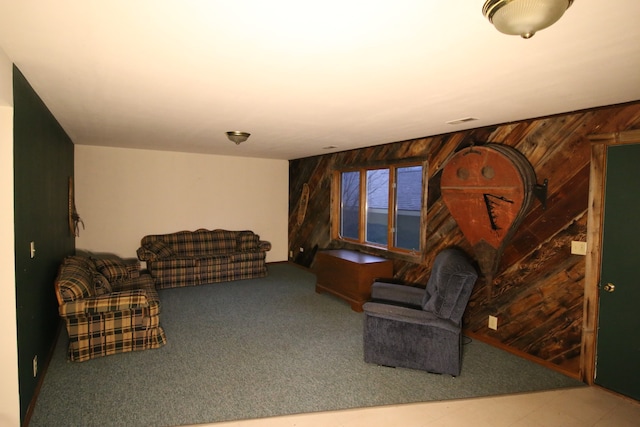 living room featuring wooden walls