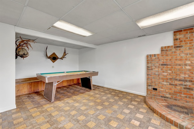 game room with a drop ceiling and billiards