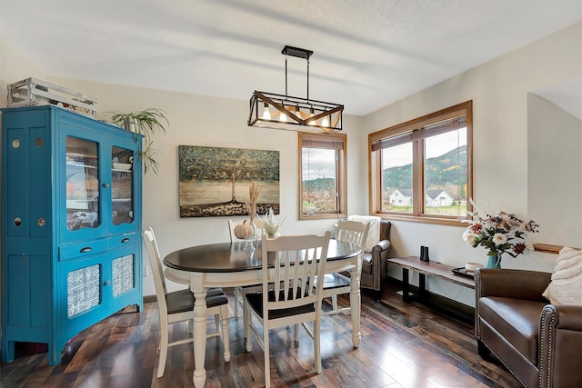 dining area featuring a textured ceiling, a mountain view, and dark hardwood / wood-style floors