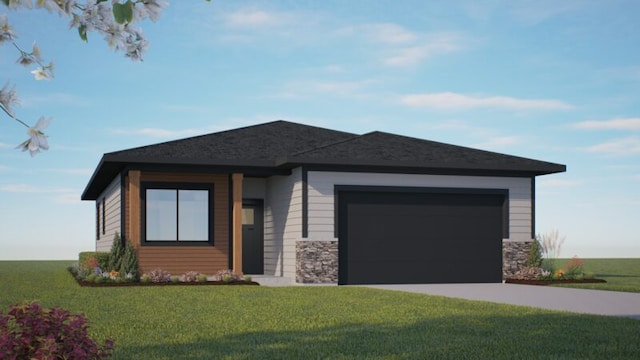 view of front of home with stone siding, driveway, an attached garage, and a front lawn