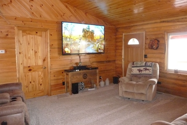 living room featuring carpet, wooden walls, vaulted ceiling, and wood ceiling