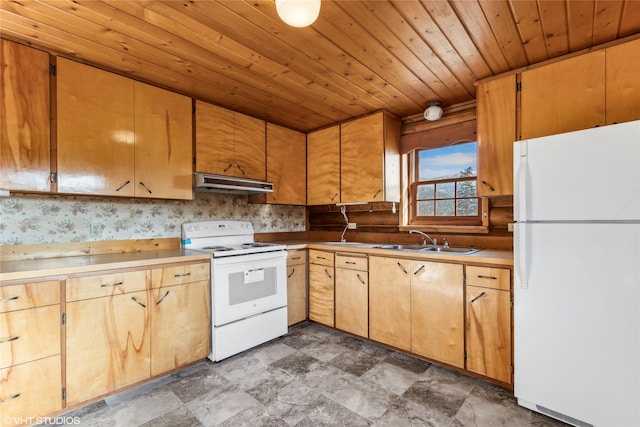 kitchen featuring white appliances, sink, and wooden ceiling