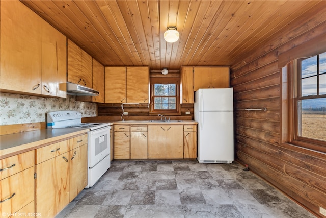 kitchen with wood walls, sink, white appliances, and wood ceiling