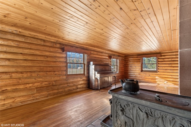 interior space featuring wood-type flooring, log walls, and wooden ceiling