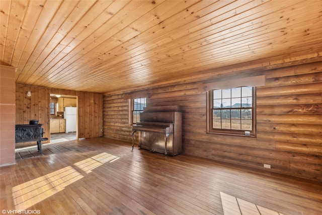 unfurnished living room with rustic walls, wood-type flooring, and wooden ceiling