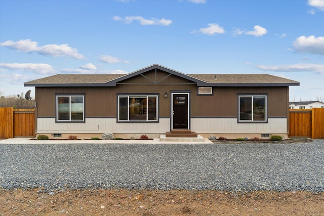 ranch-style house with fence, crawl space, and a shingled roof