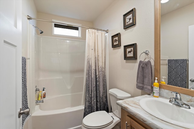 full bathroom with toilet, vanity, and shower / bath combination with curtain