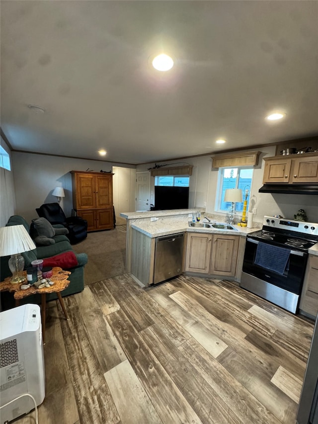 kitchen with hardwood / wood-style floors, appliances with stainless steel finishes, and sink