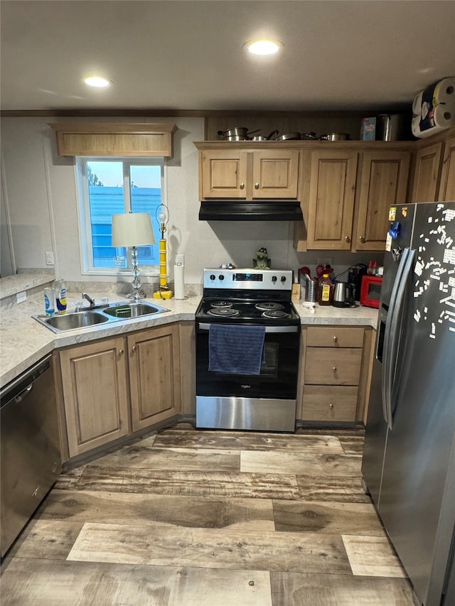 kitchen with light wood-type flooring, appliances with stainless steel finishes, and sink