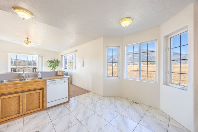 kitchen with white dishwasher, a mountain view, a textured ceiling, and sink