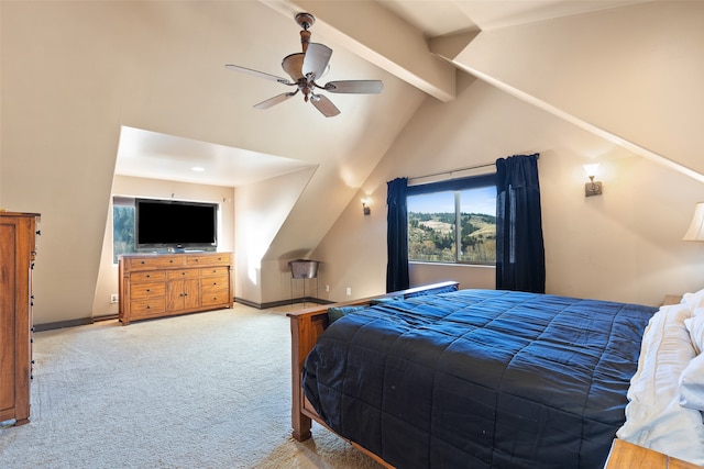 carpeted bedroom featuring vaulted ceiling with beams and ceiling fan