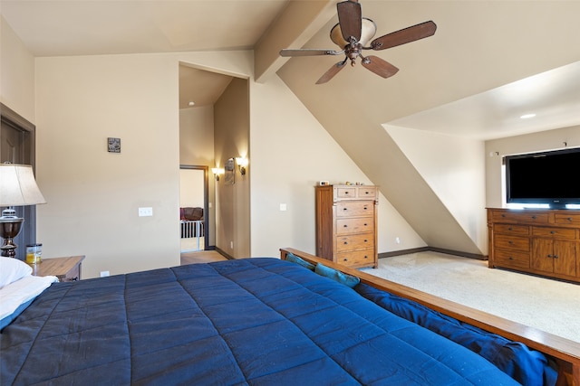 unfurnished bedroom featuring vaulted ceiling with beams, ceiling fan, and carpet floors