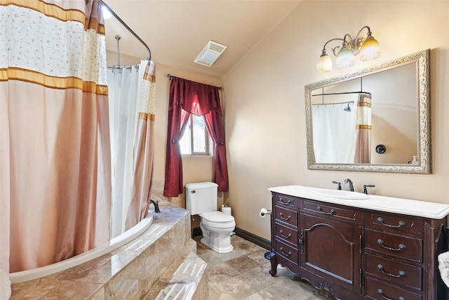 full bathroom with toilet, independent shower and bath, vanity, and vaulted ceiling