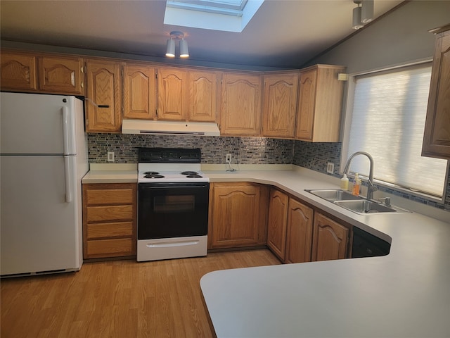 kitchen featuring tasteful backsplash, white appliances, sink, and light hardwood / wood-style floors