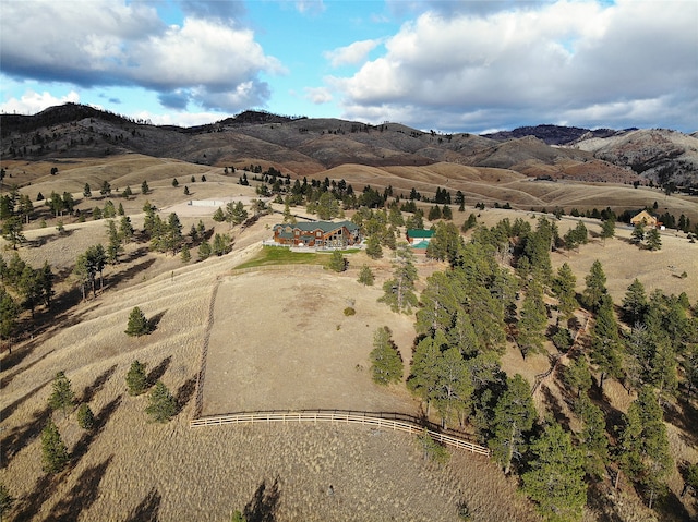 bird's eye view featuring a mountain view and a rural view