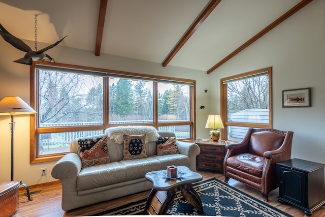 living room with lofted ceiling with beams and wood-type flooring