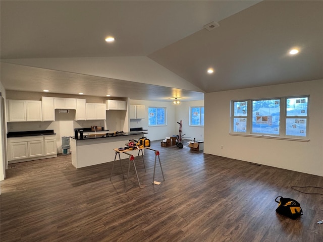 kitchen featuring white cabinets, dark hardwood / wood-style floors, and high vaulted ceiling