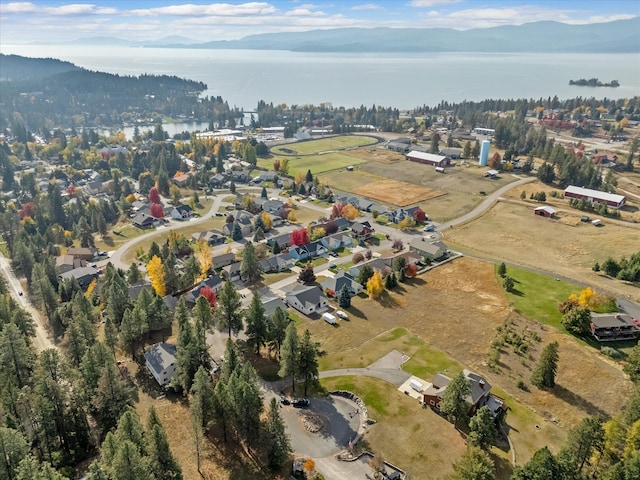 drone / aerial view with a water and mountain view