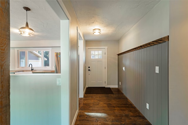 entryway featuring plenty of natural light, dark hardwood / wood-style floors, sink, and a textured ceiling