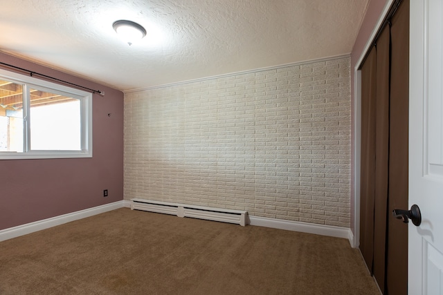 unfurnished bedroom with a closet, carpet floors, a baseboard radiator, and a textured ceiling