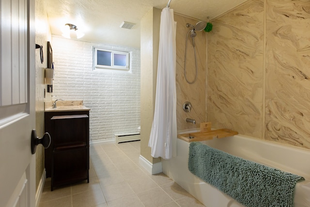 bathroom featuring vanity, a baseboard radiator, tile patterned floors, and shower / bath combo with shower curtain