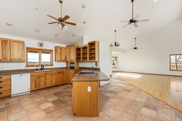 451 1st Rd NE, Fairfield, MT 59436 - kitchen with dishwasher, ceiling fan, open shelves, high vaulted ceiling, and dark countertops