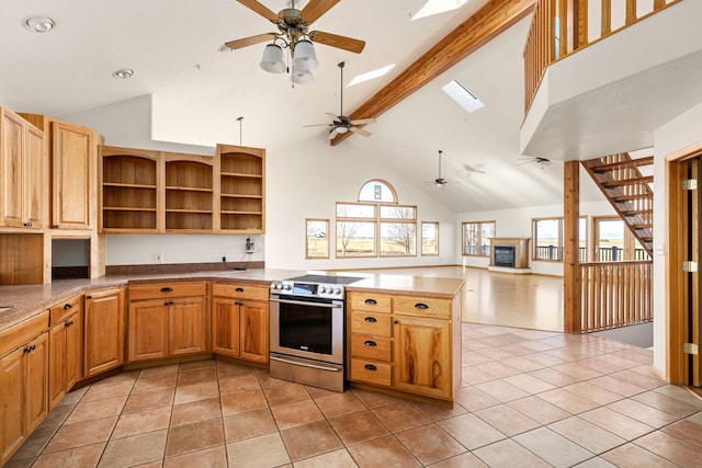 451 1st Rd NE, Fairfield, MT 59436 - kitchen featuring stainless steel electric range, a peninsula, a ceiling fan, high vaulted ceiling, and beamed ceiling