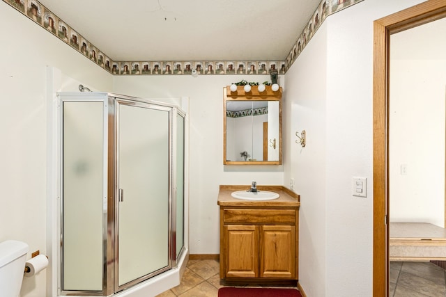 451 1st Rd NE, Fairfield, MT 59436 - full bath with vanity, a shower stall, and tile patterned flooring