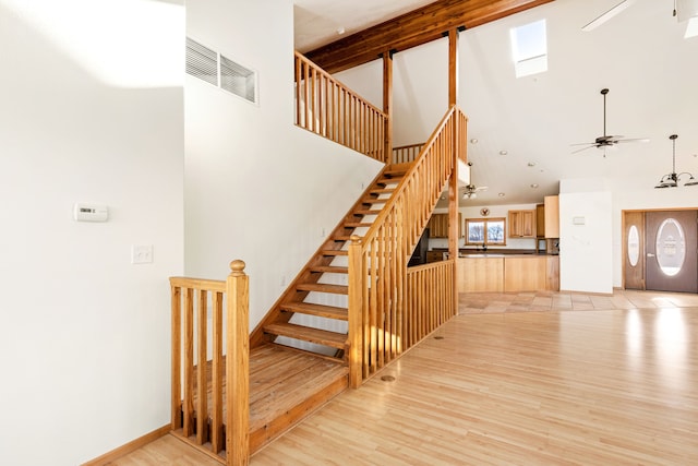 451 1st Rd NE, Fairfield, MT 59436 - stairs featuring high vaulted ceiling, ceiling fan, and wood finished floors