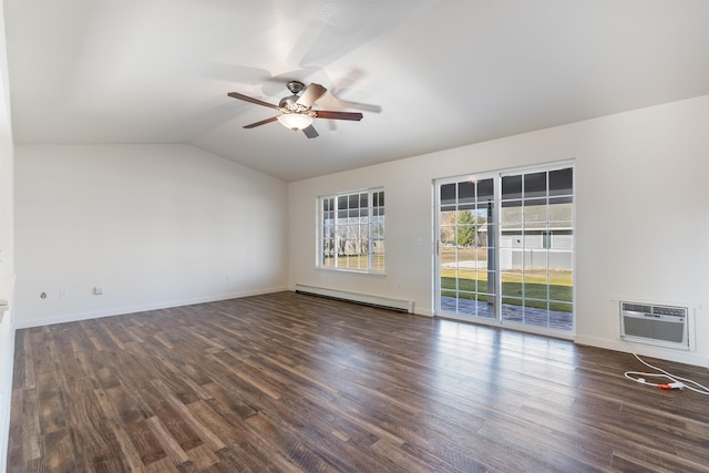 interior space with a wall mounted air conditioner, ceiling fan, lofted ceiling, a baseboard heating unit, and dark wood-type flooring