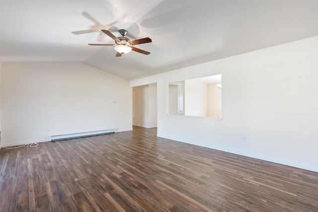 unfurnished room with a baseboard radiator, dark wood-type flooring, ceiling fan, and vaulted ceiling