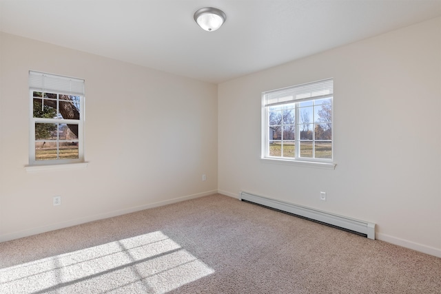 unfurnished room featuring carpet floors and a baseboard heating unit