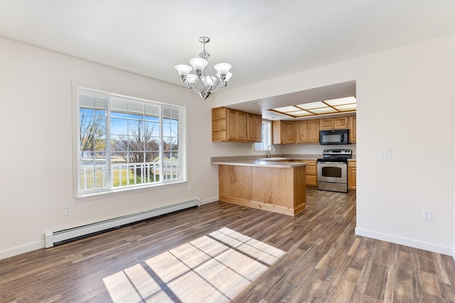 kitchen featuring dark hardwood / wood-style flooring, kitchen peninsula, stainless steel range with electric stovetop, baseboard heating, and decorative light fixtures