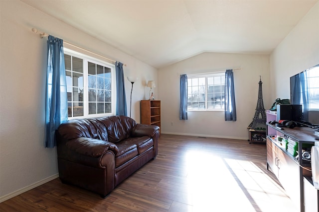 living room featuring vaulted ceiling and dark hardwood / wood-style flooring