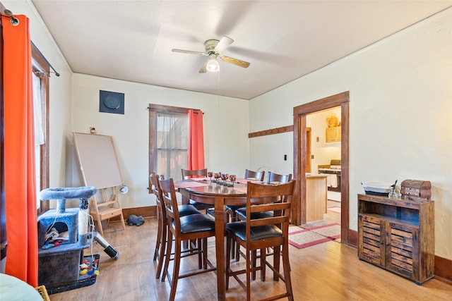 dining space featuring ceiling fan and wood-type flooring