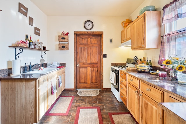 kitchen with white gas range and sink