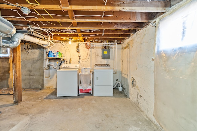 basement with electric panel and washer and dryer