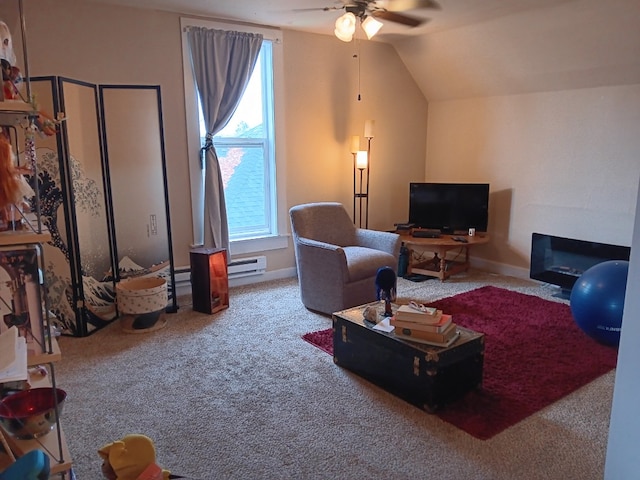 carpeted living room featuring ceiling fan and lofted ceiling