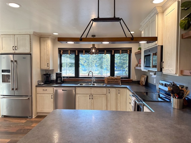 kitchen with dark wood-type flooring, sink, and appliances with stainless steel finishes