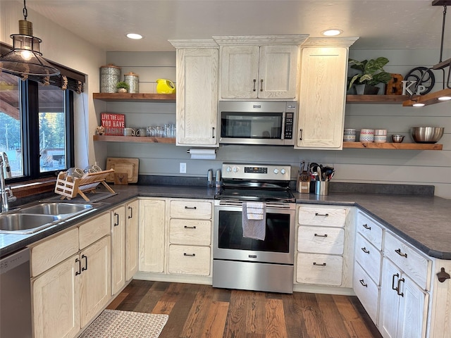 4895 Mt Highway 200, Thompson Falls, MT 59873 - kitchen featuring stainless steel appliances, open shelves, a sink, dark countertops, and recessed lighting