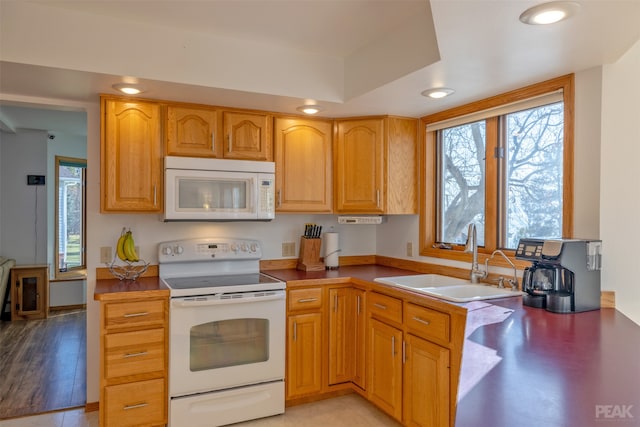 kitchen with white appliances, sink, and light hardwood / wood-style flooring