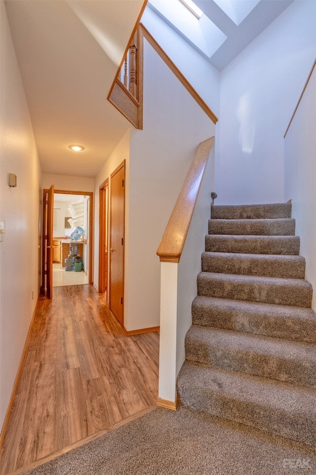 stairs with a skylight and hardwood / wood-style flooring