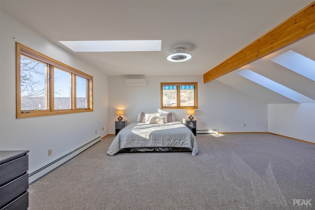 carpeted bedroom with vaulted ceiling with skylight, a baseboard heating unit, and a wall mounted air conditioner