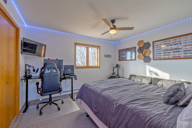 bedroom with light colored carpet and ceiling fan