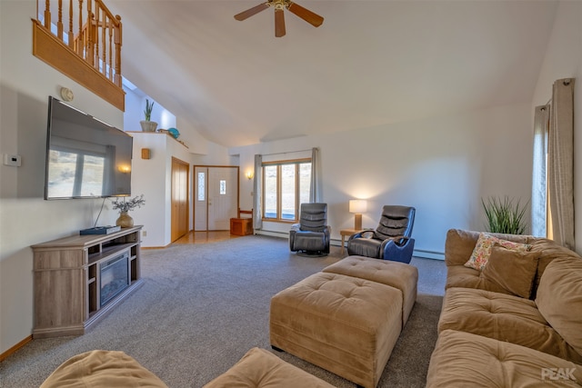 living room featuring high vaulted ceiling, light colored carpet, ceiling fan, and plenty of natural light