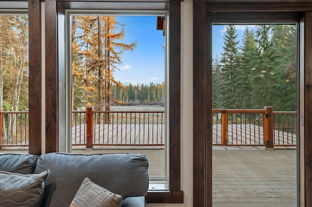 doorway with a water view, a view of trees, a wealth of natural light, and wood finished floors