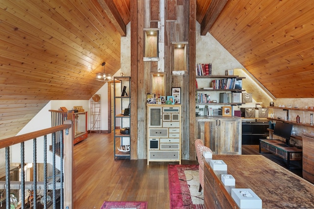 bonus room with lofted ceiling with beams, dark wood-style floors, and wood ceiling