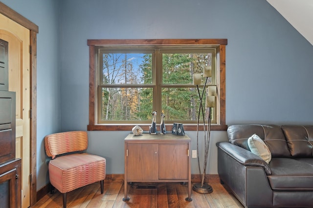 sitting room with lofted ceiling and wood-type flooring