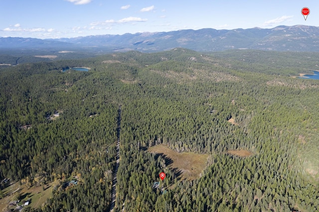 bird's eye view featuring a mountain view and a view of trees