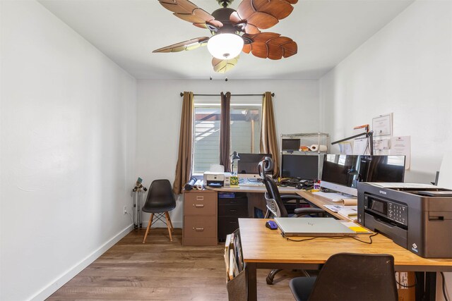 office area featuring hardwood / wood-style floors and ceiling fan